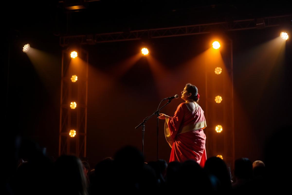Classical vocalist performing on a warmly lit Kalanidhi stage